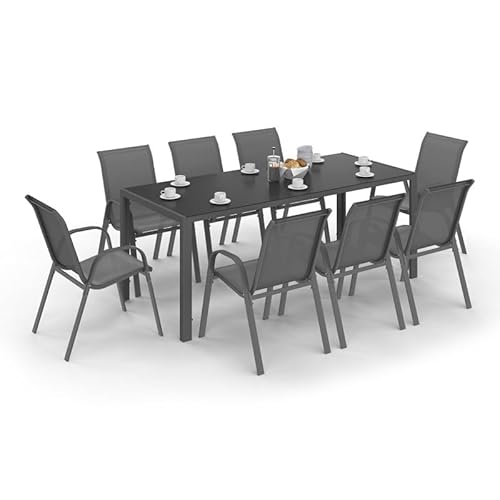 IDMarket - Salon de Jardin Madrid Table 190 CM et 8 chaises empilables Gris Anthracite