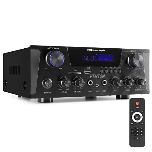 Fenton AV430B Amplificateur Audio HiFi 600 Watts - Noir, Streaming Bluetooth, Radio FM, Fonction MP3, Lecteur SD/USB, Karaoké, 2 Entrées Microphones, Idéal pour Vos Soirées Karaoké