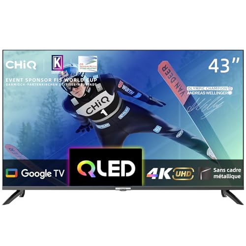 CHIQ TV Intelligente U43QM8G 43 Pouces, UHD QLED avec HDR, sans Cadre et métallique, Google TV, Dolby Audio, Syntoniseur Triple, Wi-FI 2,4G/5G, Google Assistant, HDMI 2.1, USB2.0