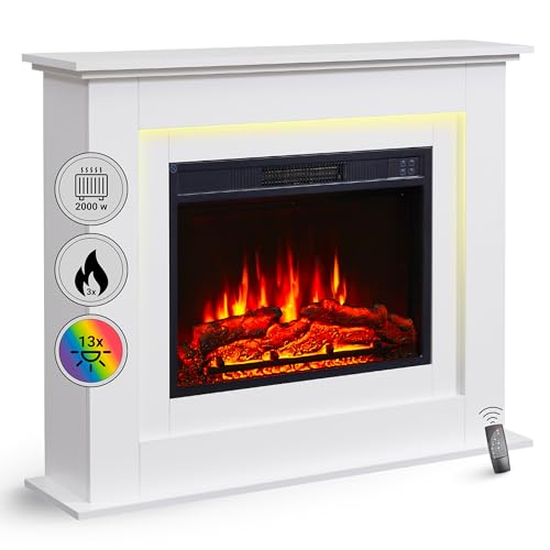 BALDERIA cheminée électrique autoportante Finn|Foyer électrique sur Pieds avec Effet de Flammes 3D|Chauffage 2000W, éclairage LED|Cheminée de Sol avec télécommande, minuteur & Thermostat| Blanc