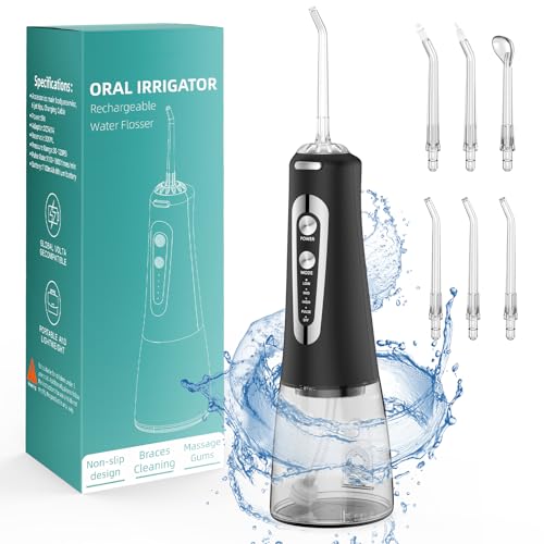 Jet Dentaire Hydropulseur Portable, Jet Dentaire Sans Fil Rechargeable avec 5 Mode set 6 Buses Capacité de 300 ML IPX7 Étanche Pour La Maison et Les Voyages