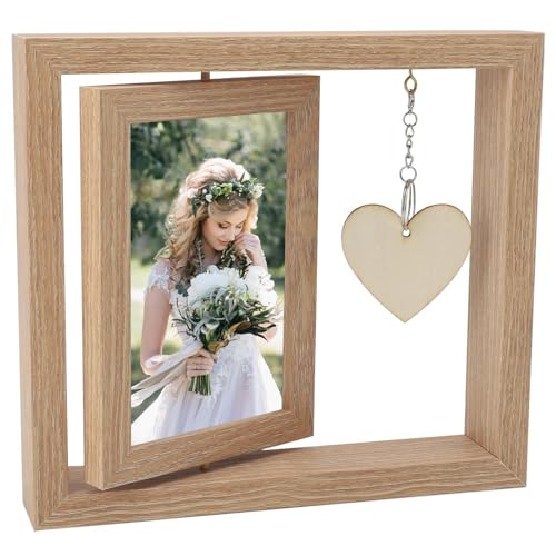 UOCAI Cadre photo en bois - 10 x 15 cm - Personnalisé - Double face - Rotatif - Avec pendentif en forme de cœur - Cadeau d'anniversaire