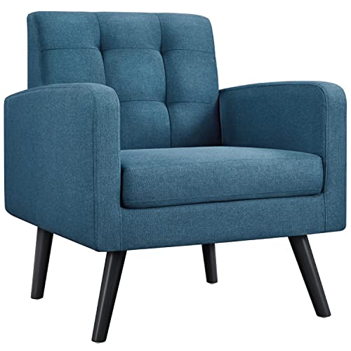 Yaheetech Fauteuil de Salon Chaise de Salon en Tissu Fauteuil d'appoint avec Dossier Capitonné Pieds en Bois Massif à Assise Profonde pour Salon Chambre Style Moderne Bleu Marin