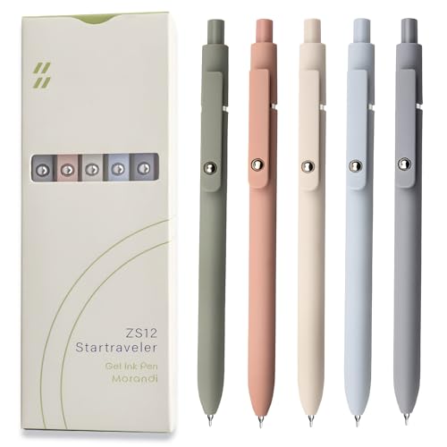 UIXJODO Lot de 5 stylos japonais premium à encre gel noire, avec pointe fine et lisse de 0,5 mm, grip en silicone, clip en métal et bille rétractable, tons clairs (Morandi)