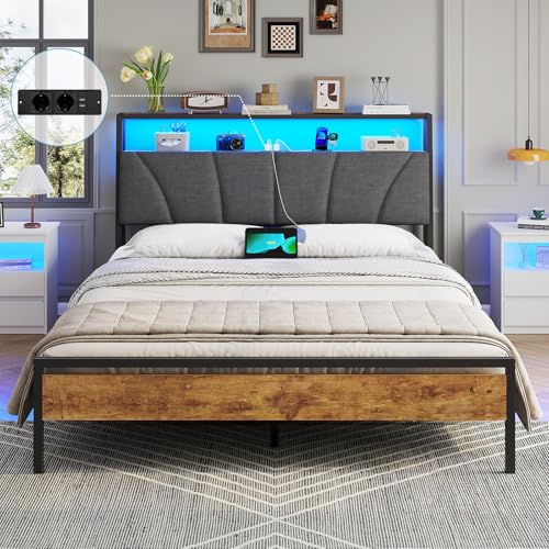 Brinlawb Cadre de Lit 140 x 190 avec Sommier en Métal, Lit 2 Personnes avec Lumières LED, Multiprise(2 Prises AC,2 Ports USB) lit Double 140x190 avec Rangement, Facile à Assembler, Marron Vintage&Gris