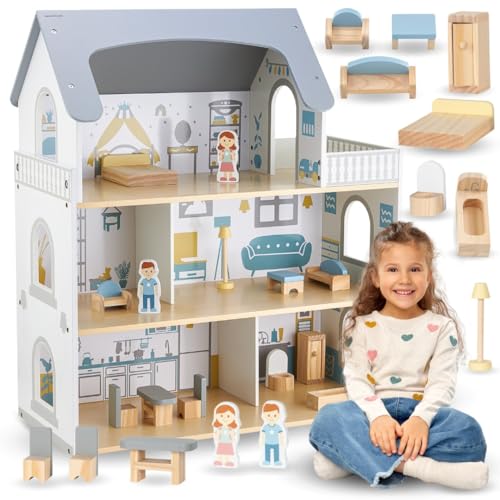 Mamabrum Maison de Poupée en Bois avec Terrasse et Accessoires, Maison de Poupée à 3 Niveaux, 5 Pièces, Maison avec Meubles, Ensemble de Jouets pour Poupée, Hauteur 70,4 cm, Couleurs Subtiles