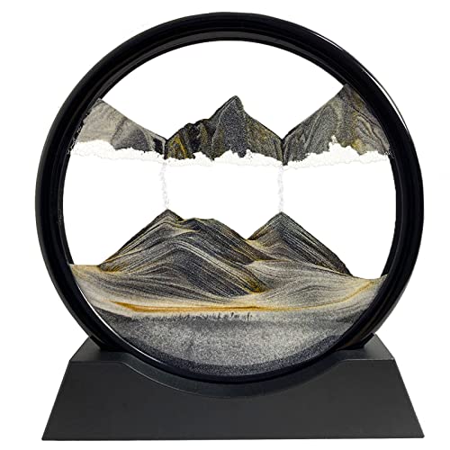 SANDCLE Peinture de Sable Mobile - Cadre Sablier, Images de l'art du Sable en Mouvement, Sable Dynamique dans un Verre Rond, 3D Sable de Paysage pour le Bureau Maison Décoration（Noir, 7 Pouces）