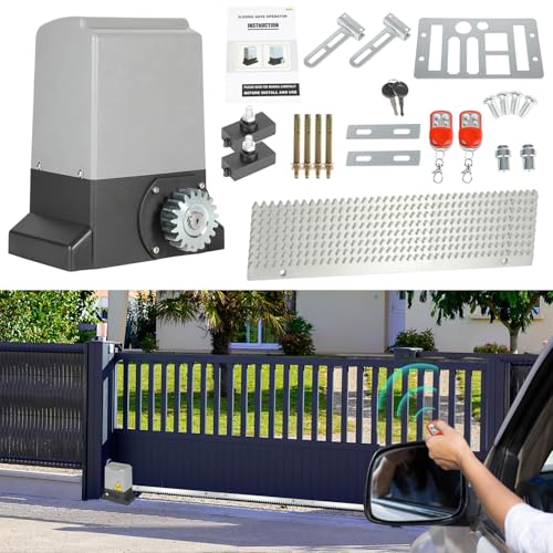 Fiqops 550W Motorisation Portail Coulissant max 1200KG with 4M crémaillères, Moteur Électrique de Portail Automatique avec 2 Télécommandes for Garden, Garage Door