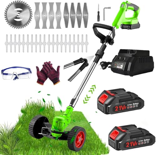 Débroussailleuse Electrique Bordure,Coupe Bordure sans Fil avec Batterie 21V avec 2 Batterie De 2.0 Ah et 1 Chargeur Rapide & 4 Types De Lames Et De Roues pour Jardin Et Cour