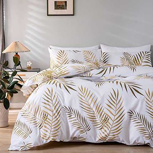 Michorinee Housse de Couette 220x240 Motif Feuilles de Palmier Tropicales Or et Blanc Parure de Lit Botanique Fermeture Éclair - Linge de Lit 2 Personnes Adulte avec 2 Taies d'oreiller 65x65 cm