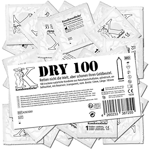 Kondomotheke DRY Lot de 100 préservatifs secs sans silicone de haute qualité, sûrs et fiables pour fellation et sextoys