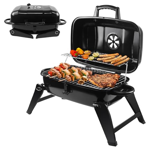 kisidus Barbecue Charbon de Bois Pliable avec Couvercle Grille BBQ Party Portable pour Balcon Camping - en Émail Noir