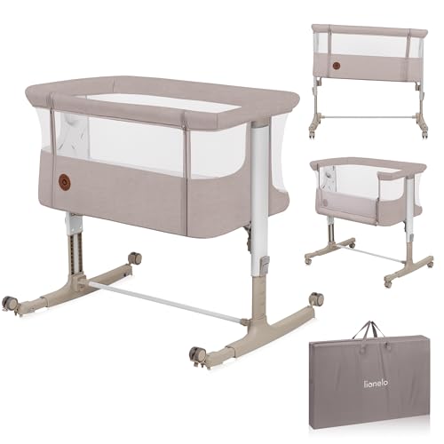 lionelo Aurora 3 en 1 Lit bébé jusqu'à 9 kg Cododo, Berceau Réglage de la Hauteur et de l’Inclinaison du Matelas 4 roulettes avec Freins Matelas Ergonomique Sac (Beige)
