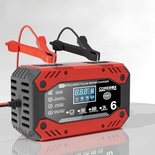 Chargeur de Batterie 6A 12V, Chargeur pour Auto Moto Intelligent avec Écran Tactile LCD, Compensation de Température, Mode de Réparation, Ideal pour Moto, Voiture, Tondeuse à Gazon