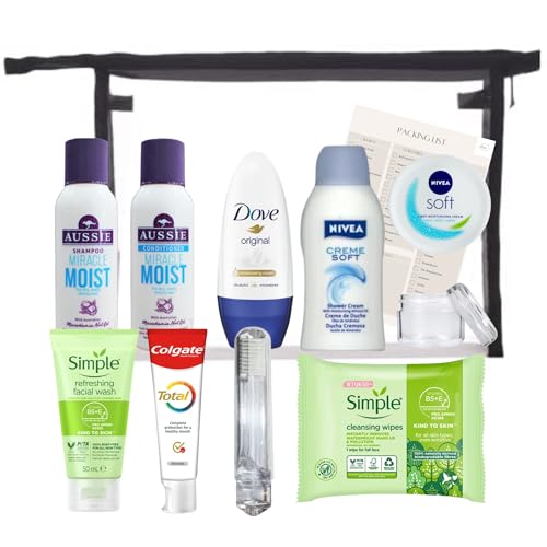 Kit de toilette de voyage pour femme – Mini trousse de toilette approuvée par la TSA pour voyage et séjour à l'hôpital – Essentiels de toilette de voyage pour bagage à main et trousse de nuit