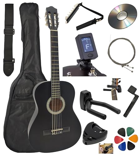 Pack Guitare Classique 4/4 (Adulte) + 6 Accessoires + Cour Vidéo et CD (Noir)