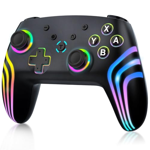 MYSTILUCK Manette Sans Fil pour Console Switch/Lite/OLED, Contrôleur de jeu avec éclairage RGB Changeant de Couleur/Double Vibration/6 Axes Gyroscope/Turbo/Réveil, Joystick de Ergonomiquement conç