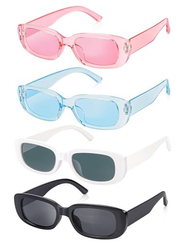 Becellen 4 Pièces Lunettes de Soleil Vintage, Mode Rectangulaire Coloré Lunettes de Soleil Protection UV 400 Pour Femme Homme