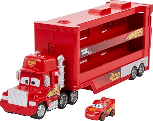 Mattel Disney Pixar Cars Camion Transporteur Mack pour transporter jusqu'à 18 mini-véhicules, mini voiture Flash McQueen incluse, jouet pour enfant, GNW34
