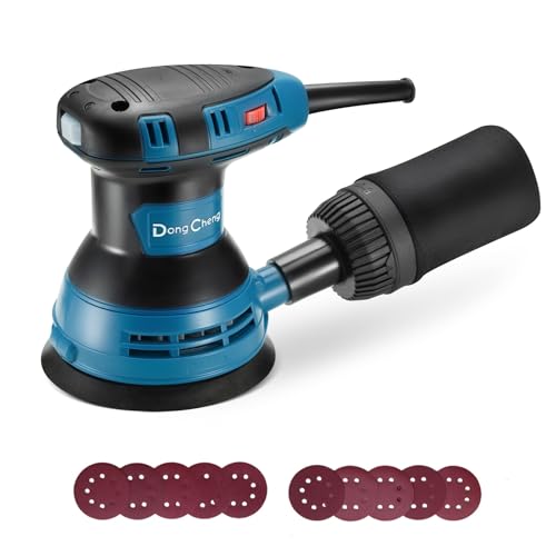 DongCheng Ponceuse excentrique 300 W, 125 mm, 6 vitesses, 4000-12000 tr/min avec dépoussiéreur et 10 types de papier de verre, Ponceuse orbitale aléatoire, idéale pour les travaux de bricolage