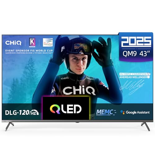 CHIQ U43QM9G Téléviseur 43 Pouces (108 cm), 4K UHD, QLED, HDR10, DLG 120Hz, MEMC, sans Cadre en métal, Google TV, Dolby Audio, DBX-TV, Triple Tuner, Wi-FI 2.4G/5G, Google Assistant, Noir, 2025