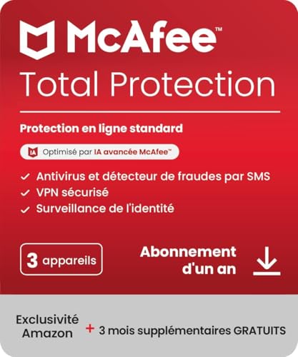 McAfee Total Protection 3 appareils 2025 | 15 mois |VPN sécurisé, logiciel de sécurité avec antivirus, gestionnaire de mots de passe et surveillance de l'identité | Téléchargement