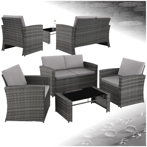 TecTake® Salon de Jardin Exterieur en Résine ressée 4 Places Table de Jardin, 1 Canapé de Jardin, 2 Fauteuil Jardin, Coussins Inclus, Mobilier de Jardin pour Amenagement Balcon - Gris/Gris Clair