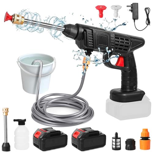 Nettoyeur Haute Pression, Nettoyeur Haute Pression sur Batterie, Nettoyeur Haute Pression sans Fil avec 2 Batteries et Tuyau de 5M, Pistolet Haute Pression pour Lavage et Arrosage de Voiture