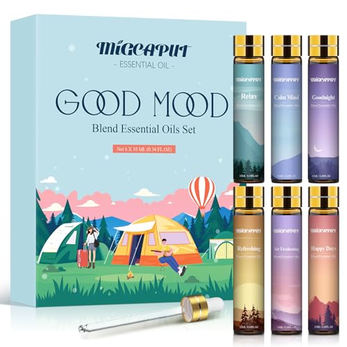MIGCAPUT Set de Huiles Essentielles Bonne Humeur 6X10ML, Huiles Essentielles Aromathérapie pour Diffuseur, Bougies, Huiles Essentielles pour Relax, Calmer l'esprit, Rafraîchir l'air, Bonne Nuit