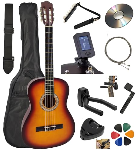 Pack Guitare Classique 4/4 (Adulte) + 6 Accessoires + Cour Vidéo et CD (Sunburst)