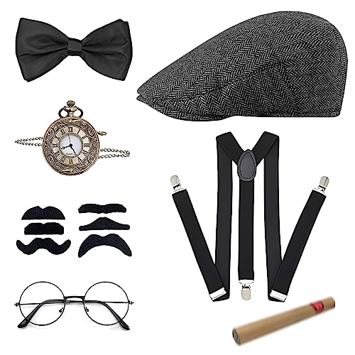 7pcs Accessoire Annee 20 Homme, Great Gatsby Gangster Costume, Années 1920 Déguisement, avec Chapeau Panama Montre de Poche Bretelles Noeud Papillon Barbes Lunettes pour Carnaval