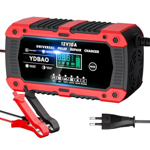 YDBAO Chargeur de Batterie Voiture 12V 10A LiFePO4 Chargeur pour Auto Moto Intelligent avec Réparation Écran LCD 6 Modes pour AGM Gel SLA Wet