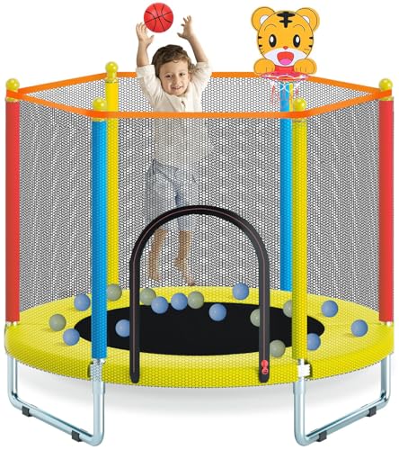 Trampoline d'intérieur et d'extérieur de 150 cm avec filet de sécurité, mini trampoline pour enfants avec panier de basket, tapis de saut robuste pour garçons et filles
