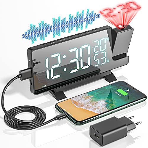 VCKHRRY Reveil Projecteur Plafond 7,5 Pouces Radio Reveil Projection Plafond LED Réglable 5 Niveaux de luminosité 2 Alarmes Radio FM avec Port USB