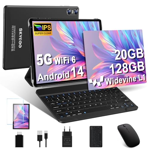 Tablette Android 14 avec 5G Wi-Fi 6, 20 GO RAM+128 GO ROM (Extensible Jusqu'à 1 To), Tablette Tactile avec Widevine L1, 8 Cœurs, 5MP+8MP, Tablette 10 Pouces avec Clavier+Souris et Cas, Noir Pâle