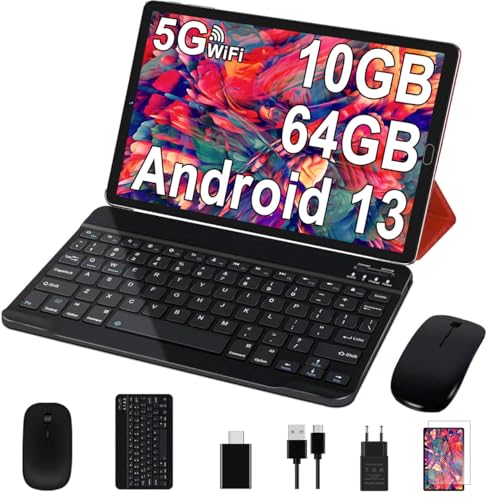 GOODTEL Tablette Android 13 10 Pouces Quad-Core 10Go RAM + 64Go ROM (1To TF) | 5G + 2.4G WiFi | GPS| Bluetooth 5.0 | 8MP + 5MP | Type C, OTG,Tablette Tactile avec étui, Clavier et Souris - Rouge