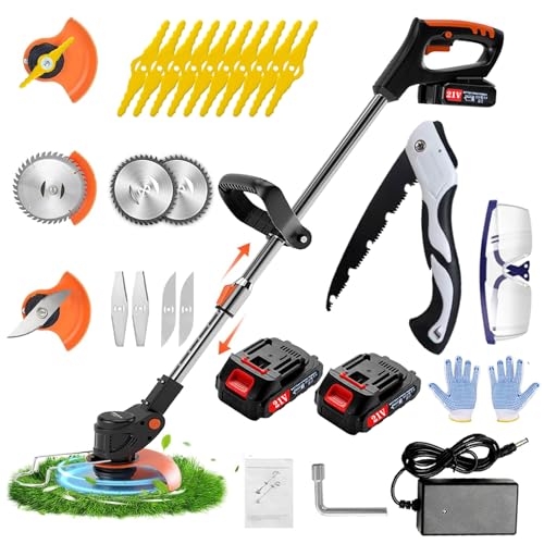 Débroussailleuse Electrique sans Fil 21V 2.0Ah ， Coupe Bordure avec 2 Batterie et3 Types De Lames,Debrouissalleuses Batterie/Coupe Bordure sans Fil Convient pour tondre Les Jardins et Les pelouses