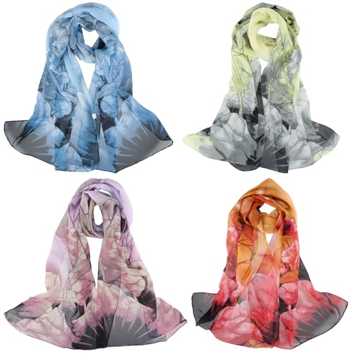 Husalsea Lot de 4 Foulard Femme en Soie, Echarpes Femme Chiffon avec Imprimé de Lotus, Foulard en Soie Doux, Foulard Satin Élégant, Taille 150 x 50 cm.