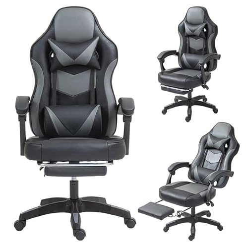 Frixovel Chaise Gaming - Siège Gaming avec Repose-Pied - Fauteuil Gaming avec Soutien Lombaire et Appui-tête (Noir et Gris)