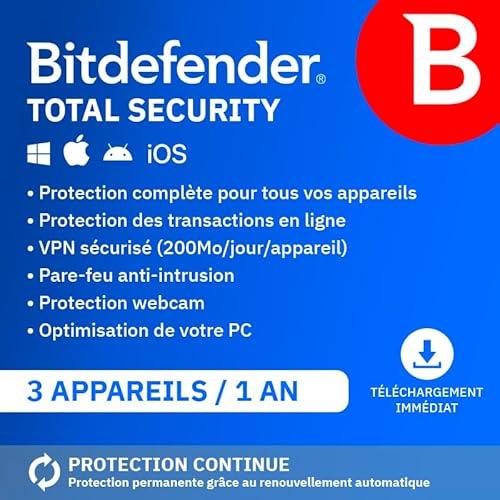 Bitdefender Total Security 2025 | 3 Appareils | 1 An | PC/Mac/iOS/Android | Code d’activation par email | Renouvellement Automatique