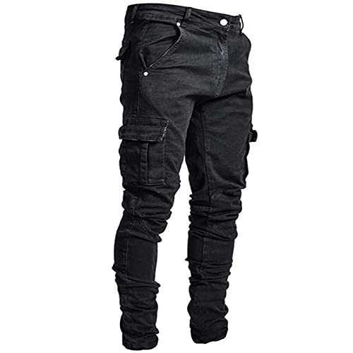 Jeans pour Homme Pantalon Denim Slim Fit Homme Jean Vetement De Survêtement Jeans Homme Coton Denim de Couleur de Travail Hip-hop délavé Vintage Noir M