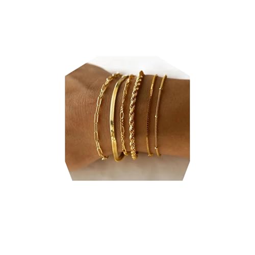 sundrerfect 6 Pièces Femme Bracelet- Ensemble de Bracelets en Acier Inoxydable - Bijoux de Femme Or Waterproof - Ensemble de Bracelets Or Cuban Paper Clip Femme