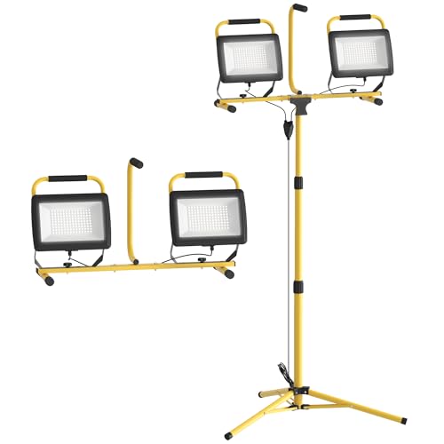 HOMCOM Projecteur de chantier sur trépieds 2 x 100W, 17000LM, lampes de travail LED, lampe de chantier, double tête pivotante 360°, support ajustable, étanche IP65, pour intérieur et extérieur, jaune