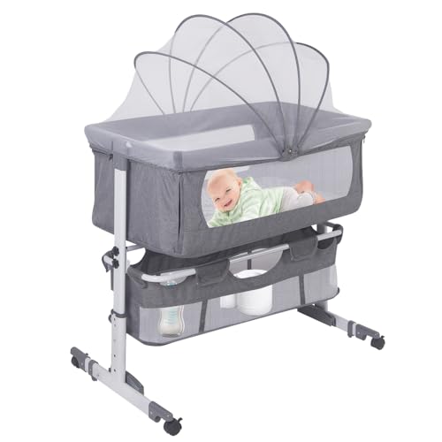 WODFARR Lit Cododo Bébé 2 en 1, Berceau Cododo avec Matelas et Moustiquaire, Berceau Bébé, Capacité de Charge 50KG, Réglage de la Hauteur (92 * 58 * 70-87cm,Gris)