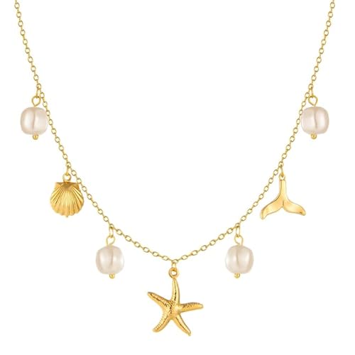 Hebterrka Collier à breloques pour femmes, perles étoile de mer coquillage or 14 carats, bijoux d'été plage surfeur bijoux collier cadeaux, or, L