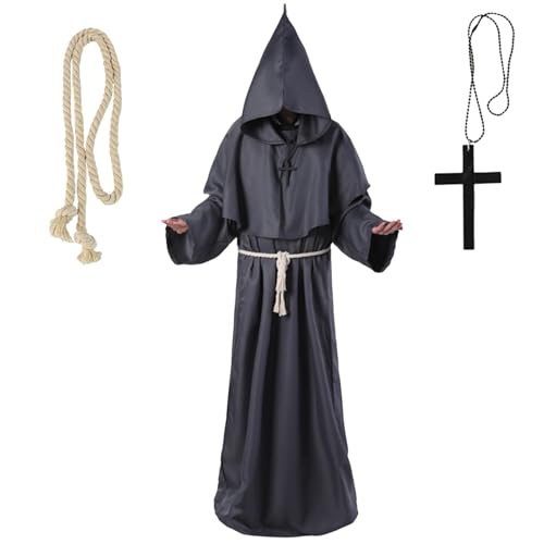 YongSral Deguisement Moine, Deguisement Pretre Homme Halloween, Costume Moine avec Ceinture et Croix, Robe de Moine Adulte, Costume Moine Halloween, Approprié Mascarade, Cosplay, Halloween (M)