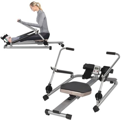 Rameur avec Résistance Pliant Machine de Fitness Hydraulique Maison Vélo d'appartement Mise à Niveau Mobile Double Rail avec Siège Souple Long Rail LCD Affichage des Données pour Exercices Cardio