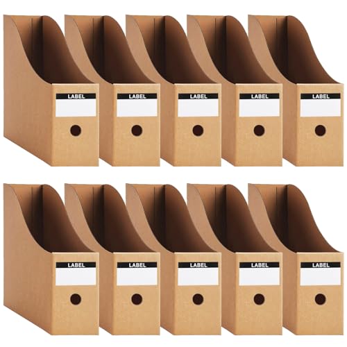 Foydream Porte Revues A4 en Papier Kraft, 10 Pièce 9 CM Solide Porte-Revues Boîte de Rangement de Documents de Papeterie pour Magazines Avec Étiquettes