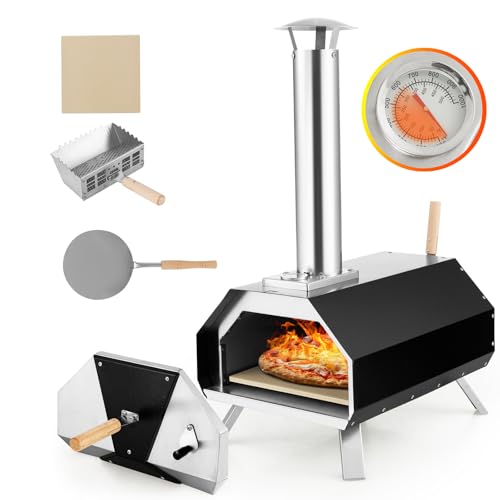 GYMAX Four à Pizza Extérieur avec Pierre à Pizza 30CM, Thermomètre Intégré, Pieds Pliables, Poêle à Pizza à Granulés en Métal Inoxydable pour Camping, Pique-Nique, Fête