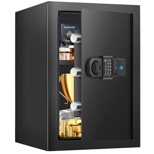 Coffre-fort 55 l pour la maison, coffre-fort ignifuge avec clé, étagère amovible et fonction muet, coffre-fort électronique antivol pour argent, documents, munitions et objets de valeur